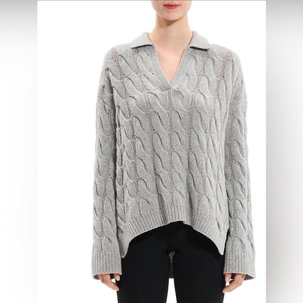 Theory Karenia Cable Knit Collared Sweater Cashmere Blend M